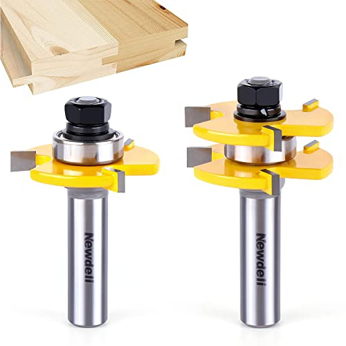 Newdeli 1/2 Shank Tongue and Groove Router Bit Set 2pcs Router Bits 3/4 Stock 1/2 Cutting Depth Adjustable Tongue Groove Router Bits T Shape 3 Teeth Wood Milling Cutter Woodworking Tool