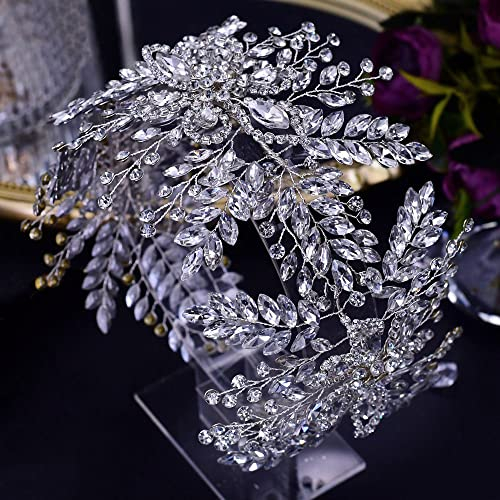 Blumen Haarschmuck Hochzeit Silber Kopfschmuck Brautschmuck Haarreifen aus Strass Damen Mädchen Haare Hochzeitsschmuck Geschenk für Braut und Brautjungfern (lang 40cm/15.7inch)
