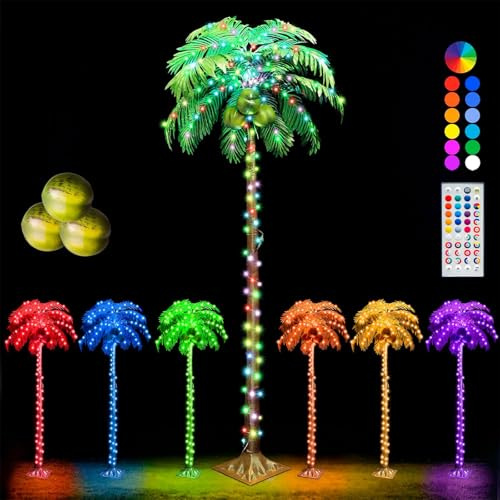 HEYCOLOR Palmier artificiel tropical à DEL changeant de couleur avec télécommande, 1,8 m pour piscine, plage, cour, fête d'été, maison, bar Tiki hawaïen, décoration intérieure et extérieure