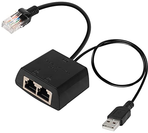 QIANRENON Adaptateur répartiteur de Partage réseau 1 en 2 (Deux Ports pour Un accès Internet simultané) RJ45 1 mâle vers 2 Femelles 100 m Ethernet connecteur de Partage avec câble d'alimentation USB
