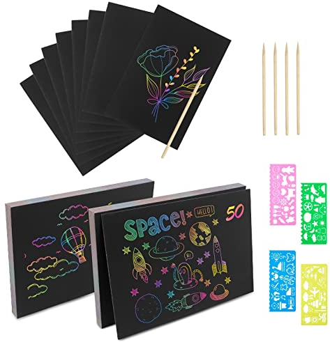 Relota 50 Pezzi Scratch Art Bambini Set, Fogli Arcobaleno da Grattare con 5 Stilo in Legno, 4 Righelli Modello, Blocco da Disegno Rainbow Scratch Paper per Appunti, Disegni, Giochi, Scrittura