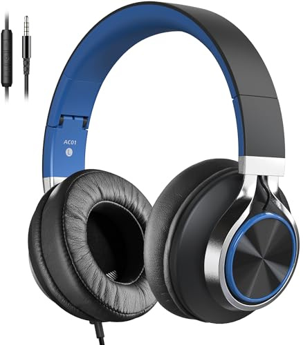 COOSII AC01 Over-Ear Headphones Wired, Passive Noise Isolating Corded Stereo Headsets with Mic Volume Control for Adults Teens 3.5mm for Chromebooks, Laptop, Computer, Tablets, Travel (Black Blue)