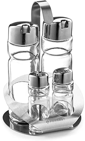 Forgast Set per Spezie 4 Elementi con Stand, Saliera, Pepiera, Dispenser per Olio e Aceto, in Acciaio Inox, Spargisale e Pepe, Transparente, Facile da Pulire, Lavabile in Lavastoviglie