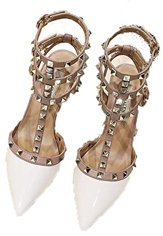 WOkismD Décolleté con Punta a Punta da Donna Rivetto alla Moda con Borchie Tacco Medio Tacco Largo T-Strap Slingback Tacchi Spessi Sandali Scarpe Eleganti da Festa di Nozze,Bianca,36