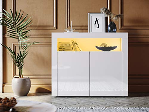 SONNI Sideboard mit 2 Tür, LED(16 Farben), 108x40x92cm, Hochglanz, Weiß | Kommode, Wohnzimmermöbel, Wohnzimmerschrank, Standschrank, RGB-Funktion mit 4 Grundfarben und 12 Verläufen für Wohnzimmer