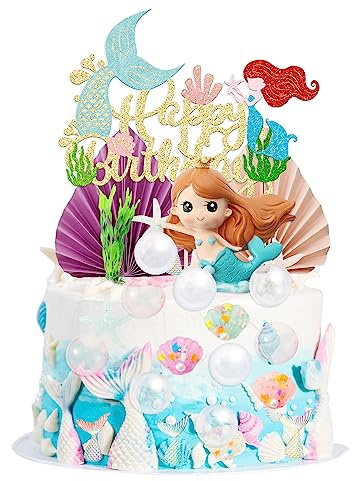 Gyufise 32Pcs 3D Mermaid Under the Sea Cake Toppers Set Mermaid Tail Starfish Seaweed Shell Bubble Palm Leaf Cupcake Picks for Under the Sea Theme Baby Shower Birthday Party Cake Decorations Supplies