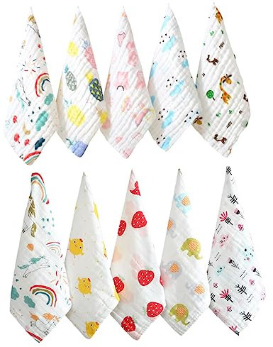 ibasenice Pure Cotton Newborn Face Towels and Baby Nursing Handkerchiefs, 6-Layer Soft Bubble Gauze, 30×30cm, Multipack of 10 for Infant Facial Care and Saliva Cleaning