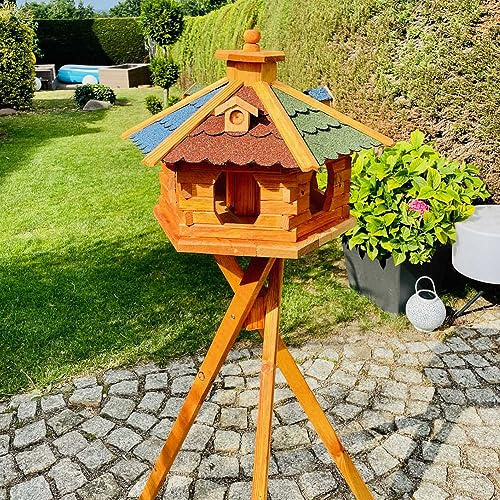 DARLUX Handgefertigtes XL - Sechseck - Vogelhaus aus Holz mit Ständer | Vogelfutterstation, lasiert, Outdoor, Garten, Balkon, Futterhaus, Futterhäuschen (Größe XL mit Ständer, Bunt - Braun)