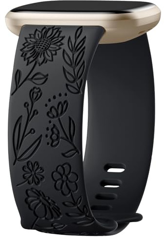 Oielai Sonnenblume Gravierte Armband Kompatibel mit Fitbit Versa 3/Fitbit Versa 4/Fitbit Sense/Fitbit Sense 2 Armband Damen, Weich Silikon Ersatzarmband für Versa 3/Versa 4/Sense 2/Sense, G Schwarz