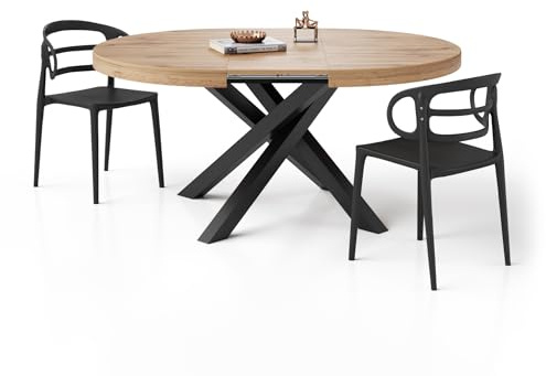 MOBILI FIVER, Runder ausziehbarer Tisch Emma, 120-160 cm, Rustikale Eiche mit gekreuzten Schwarzen Beinen, Made In Italy