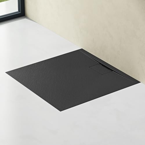 doporro Plato de ducha 80x80x3cm plano de fundición mineral antracita mate rectangular conexiones DIN apto para instalación a ras de suelo Geoma07
