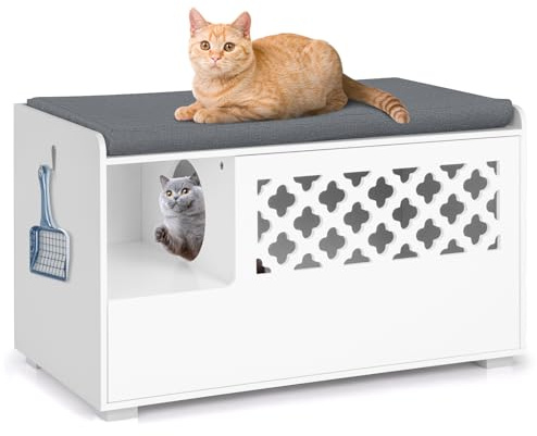 GYMAX Maison pour Chat & Tabouret & Armoire de Rangement 3 en 1, Meuble de Bac à Litière pour Chat avec Porte Rabattable &Trous de Ventilation & Coussin Amovible, 90 x 48,5 x 52 CM