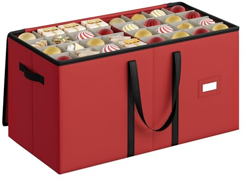 SONGMICS Caja Almacenaje de Adornos Navideños, 7,6 cm 128 Ranuras, Caja Apilable para Adornos Navideños con Tapa, Cremallera Doble, Separadores Ajustables, Tela no Tejida, Rojo Cereza RFB039R01