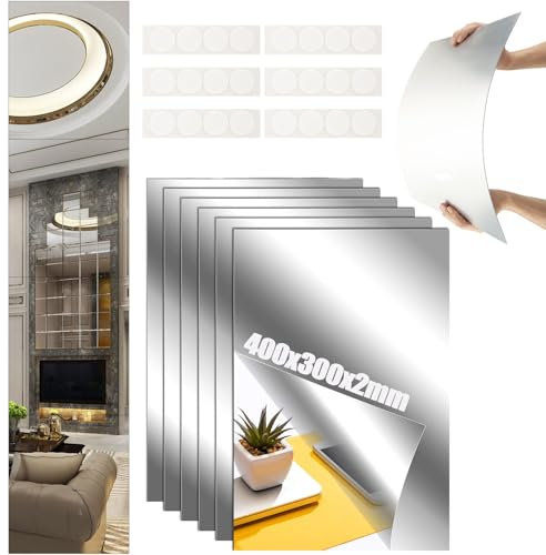 MUXHEL 6PCS Self Adhesive Mirror Tiles 30 x 40cm - 2mm Thickened Unbreakable Acrylic Sheet Stickers for Home Living Room Bedroom Decoration