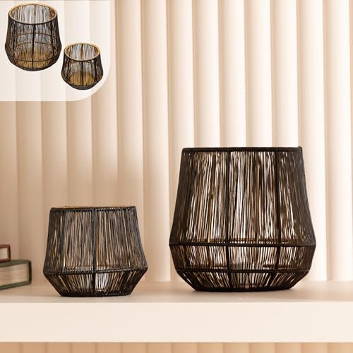 Gadgy Portavelas Negro Oro - Juego de 2 Portavelas Grandes para Velas - Linterna Decorativa para Sala de Estar - Decoración de Velas de Metal - Linterna Negra - 10x9cm & 16x15,5cm