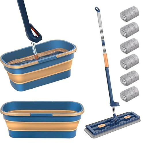 Homesally Großer Flachmopp, 360-Grad-Zaubermopp mit selbstauswringendem Schaber, 54-Zoll-Flachbodenmopp mit waschbaren Mikrofaserpads für Nass und Trocken,Blue mop + 6 Pads