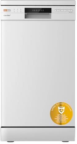 COMFEE' Freestanding Dishwasher CDWEF1034BW-UK 45cm Width, Slimline Dishwasher with 10 place settings, Quick Wash, Hygiene Wash, Delay Start, Half Load, Adjustable Basket - White