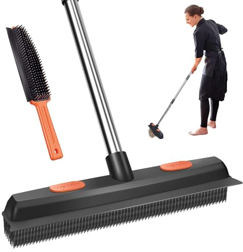Rubber Broom - Telescoping Handle 142cm, Carpet & Couch Cleaner with Squeegee, Pet Hair Removal Brush