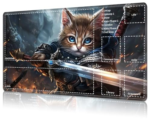 for MTG Card Playmat with Zone,Game Play Mat for MTG TCG 24 x 14 inches,Non-Slip Play Mat for Commander Board RPG CCG Game TCG Other Card Games/Mouse Pad-Cat Warrior Holds The Sword