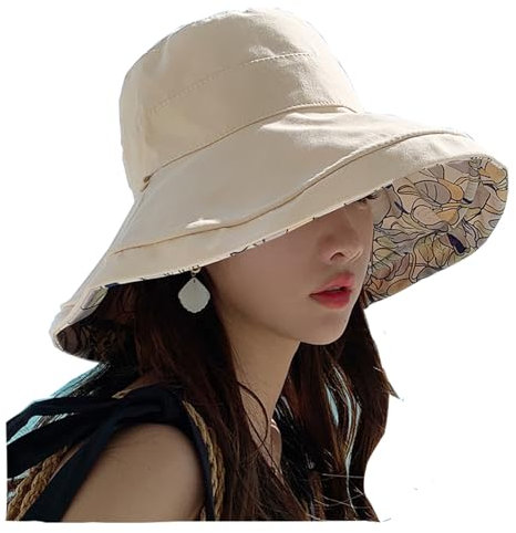 HEVIBK Wendbarer Fischerhut für Damen, UV-Sonnenschutz, breite Krempe, Fischerhut, Sommer, Strand, Reisen (DE/NL/SE/PL, Alphanumerisch, Einheitsgröße, Beige)