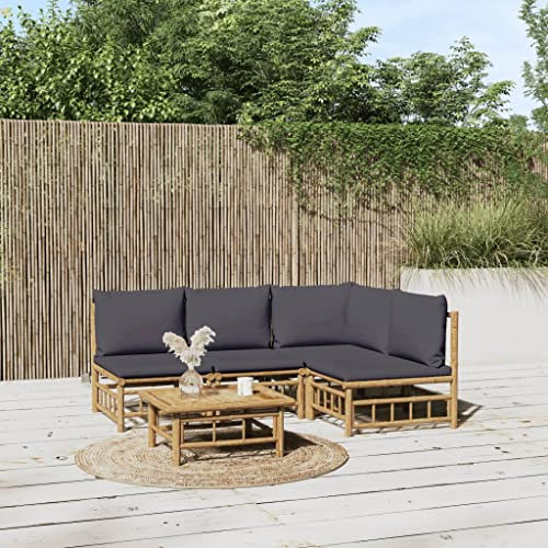 KATERYY 5-TLG. Garten-Lounge-Set mit Dunkelgrauen Kissen Bambus,Genieße entspannte Stunden im Freien: Elegantes Bambus GartenLoungeSet mit hohem Komfort
