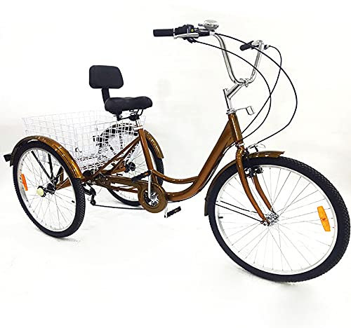 DOPBENT 24 Zoll Dreirad für Erwachsene,6 Gänge 3 Rad Fahrrad Erwachsene,Einstellbare Dreirad Fahrrad mit Einkaufskorb und Rückenlehne,City Einkauffahrrad Bike (Gold)