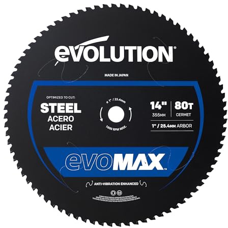 Evolution Power Tools, EVOMAX - Hoja de carburo de cerámica de 355 mm, 80 dientes, para corte profesional de acero suave resistente
