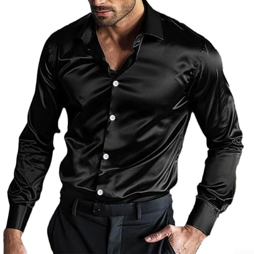 Chemise en satin de soie à manches longues pour homme, chemises décontractées pour fête de mariage, clubwear (L noir)