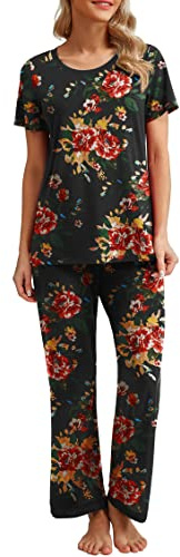 PrinStory Pyjamas för kvinnor, rund hals, pyjamas-set, kortärmade pyjamasöverdel och långa nattkläder, byxor med fickor, loungeset, Röd brun svart ros, XXL