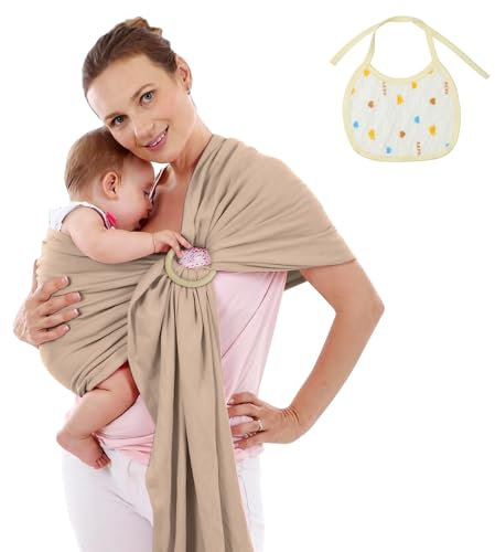Aolso Tragetuch Baby, Verstellbare Ergonomische Babytrage, freihändige Babytrage, dehnbares Babytragetuch mit Babylätzchen, Tragetuch für Neugeborene(Hellbraun)