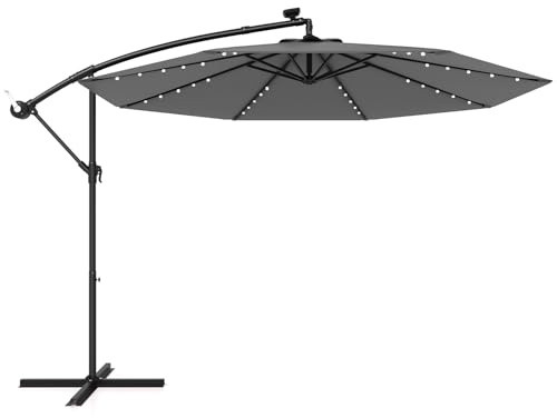 RELAX4LIFE Ombrellone da Giardino 300 cm, Parasole con Luci LED, Inclinazione Regolabile, Pannello Solare, Ombrellone da Esterno per Patio, Cortile, Ristorante o Bar (Grigio)