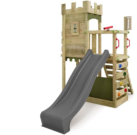 Fatmoose Aire de Jeux Château Fort BoldBaron Boost XXL avec Toboggan Anthracite, extérieur Enfants Tour d'escalade avec bac à Sable échelle & Accessoires de Jeux