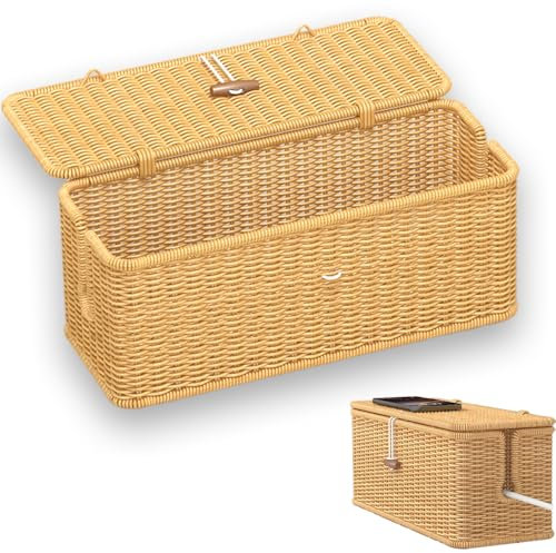 Rattan Cable Tidy Box,Cable Management to Hide Cord,Handmade Organiser,2 Open Slots wire Management,Wire Organiser for Home,Decorative Extension Lead Boxes to hide cables and Plugs (Yellow-Round Hole)