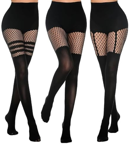 SI SEN svarta nätstrumpbyxor, 3 par sexiga strumpbyxor med hög midja svart mönster, en storlek strumpbyxor dammönster, strumpbyxor överknä-look, för vardagen, cosplay, nattklubb