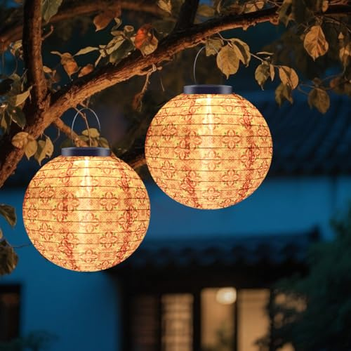 WRQIOO 2PCS Solar Lights Outdoor Garden Lantern, 10in Hanging Solar Lanterns Outdoor Garden, Chinese L-antern Sol-ar Warm White Lig-hts, Waterproof Nylon Cloth Sol-ar G-Arden Lights Hanging