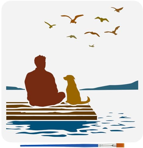 FINGERINSPIRE Schablone Für Menschen Und Hunde Mit 1 Stück Kunststoff Pinsel 30x30cm Küstenlandschaftsvorlage Schablone Mit Fliegenden Vögeln Mensch Hund Mustervorlage Für Heimwerker Wanddekoration