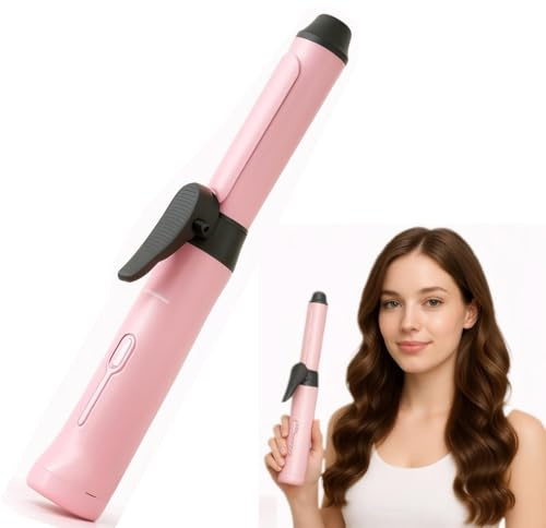 Mini Cordless Curling Wand - Rechargeable Travel Curling Iron with 3 Temperature Levels, Fast Heating & Ceramic Coating Perfect for Short & Medium Hair (Pink)