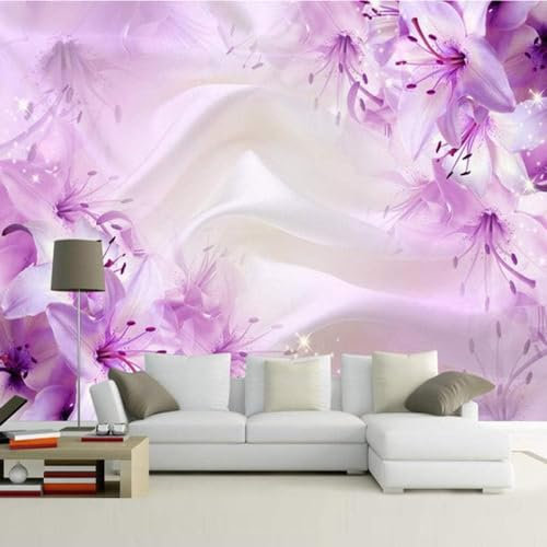 Lys Cubiques Violets Soie Papier Peint 3D Intissé Tapisserie Bureau Salon Canapé Chambre Fond Décoration Murale-200cm×140cm
