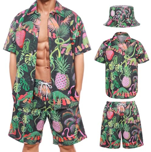 Suffolly Set camicia hawaiana e pantaloncini da uomo con cappello alla pescatora, Verde, L