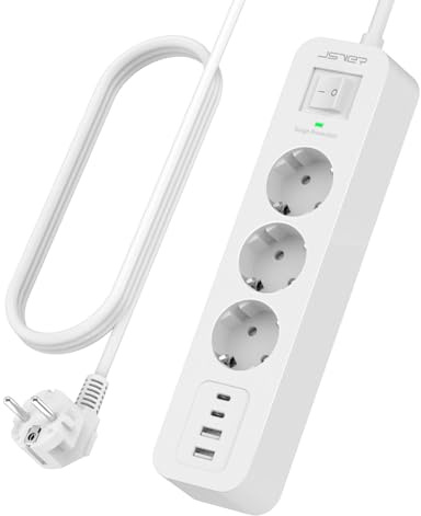 JSVER Regletas Enchufes, Regleta USB C con 3 Tomas AC y 4 USB Enchufe Multiple, 3680W/16A, Proteccion Sobretension, 2M Regreltas con Interruptor para Mesa, Oficia, Casa-Blanco