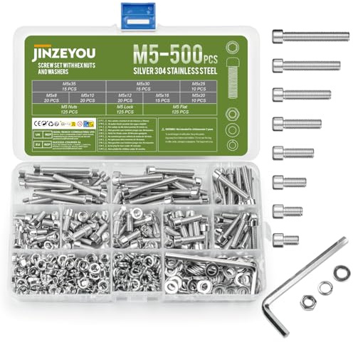 500 Pcs M5 Nuts and Bolts, Hex Socket Head Cap Screws Bolts and Nuts, Stainless Steel Machine Screws Bolts Set, Assorted and with Lock & Flat Washers Assortment for DIY