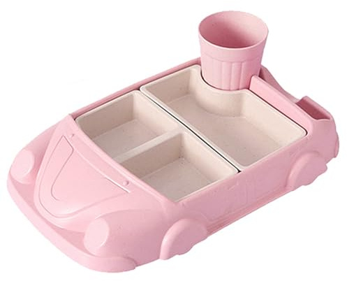 Kid Dinner Plates Set, Divided Car Shaped Tableware Set with Separate Plates & Milk Cup, Shatter- Resistant Toddler Plates Feeding Set, Reusable Dishes for Kids Girls and Boys (Pink)
