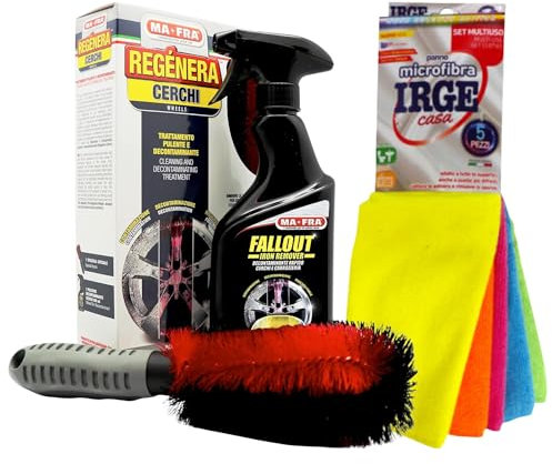 FEI FAN Set: Kit REGÉNERA Cerchi Trattamento Completo Pulente e Decontaminante. Composto da Fallout Iron Remover 500ml con La Speciale Spazzola + Confezione da 5 Panni in Microfibra