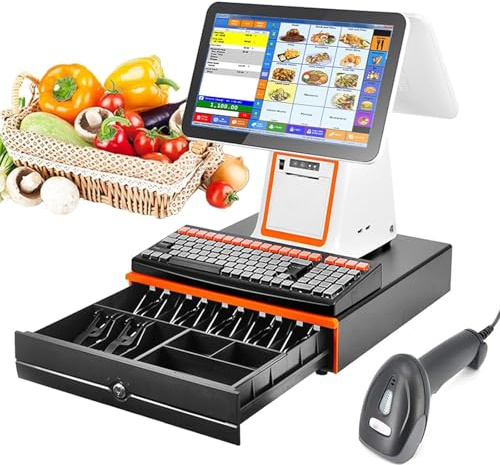 Caisse enregistreuse Intelligente avec imprimante Thermique, écran Tactile 15,6 Pouces,Clavier de 101 Touches,Terminal Point Vente Scanner Portable,Tiroir-caisse,White-Withcashbox