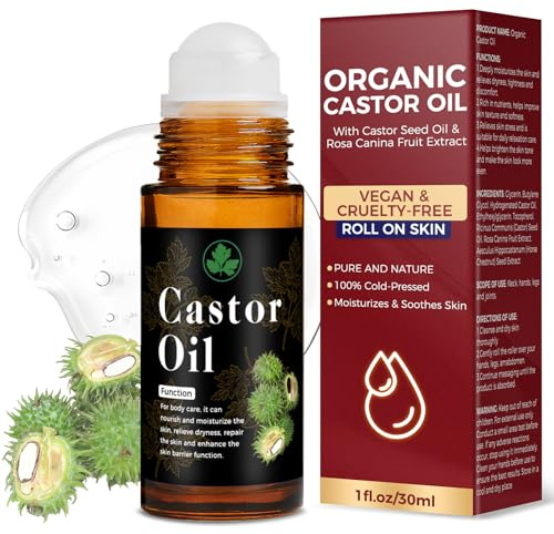 Organic Castor Oil Roll On – 30ml (1 fl. oz) Pure Cold Pressed Roll On Castor Oil Organic, Castor Oil Roller Ball for Skin, Scalp, Neck, Hands, Joints, Waist & Belly Moisturizing Care