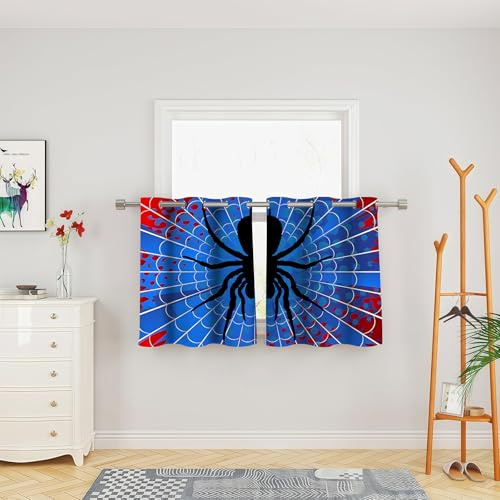 OSUNBD Small Size Spider Pattern Curtains 24x26 Inch 2 Panels - Red & Blue Blackout Thermal Polyester Drapes for Teen Room - Light Blocking Room Darkening Treatment - Youth Bedroom Decor