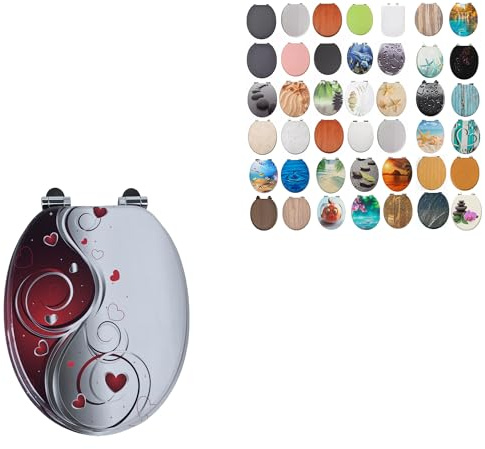 Sedile WC universale regolabile da 45,7 cm in MDF, si adatta alla maggior parte dei WC ovali, sedile WC standard in legno MDF, sedile WC + raccordi (design a spirale a cuori)