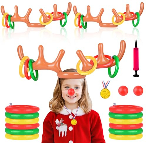 Set Corna di Cervo Gonfiabile, Gioco di Lancio degli Anelli Natalizio, Cappello con Corna di Renna Gonfiabili di Natale, Gioco Gonfiabile di Lancio Divertente, Giochi Natalizi per Feste e Famiglia (C)