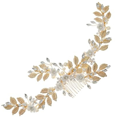 DECORNIJIA Peine para Cabello de Perlas con Metálicas y Flores de Arcilla Adorno Nupcial Artesanal para Novias y