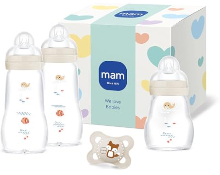 MAM Feel Good Glasflaschen-Set, 0+ Mon, 3 Flaschen & 1 Schnuller, beige
